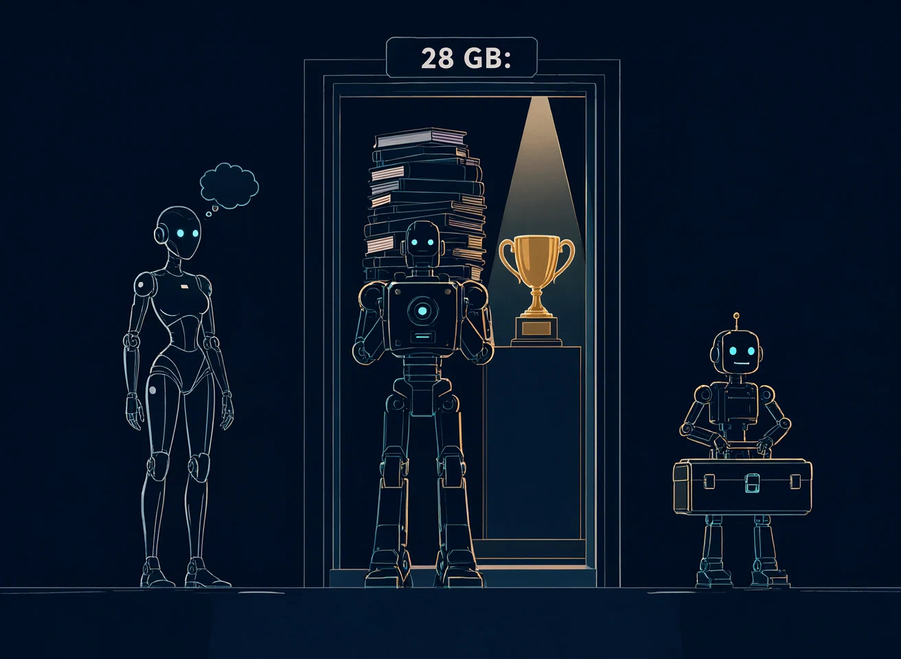 Three robots — a sleek thinker, a heavy book-carrier, a compact toolbox — queue at a doorway marked 28 GB, with a trophy visible inside