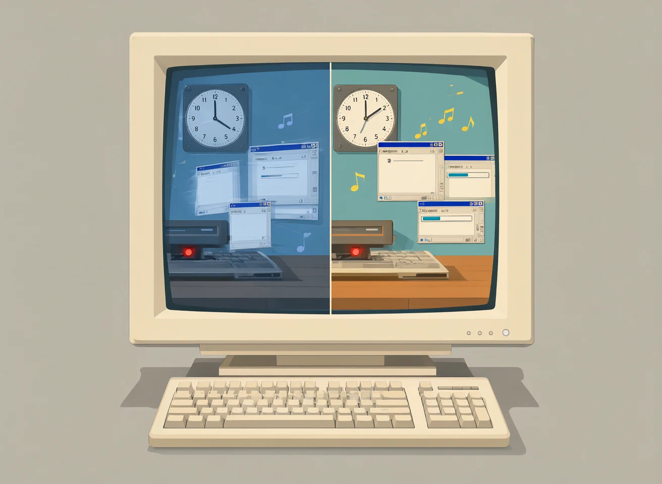 A beige 1990s computer screen split in half: windows frozen blue with a red drive LED on the left, windows alive with a ticking clock on the right