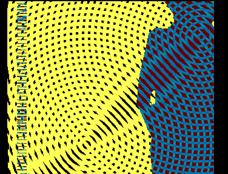 Halftone vortex against the checkerboard — every dot placed by the blitter