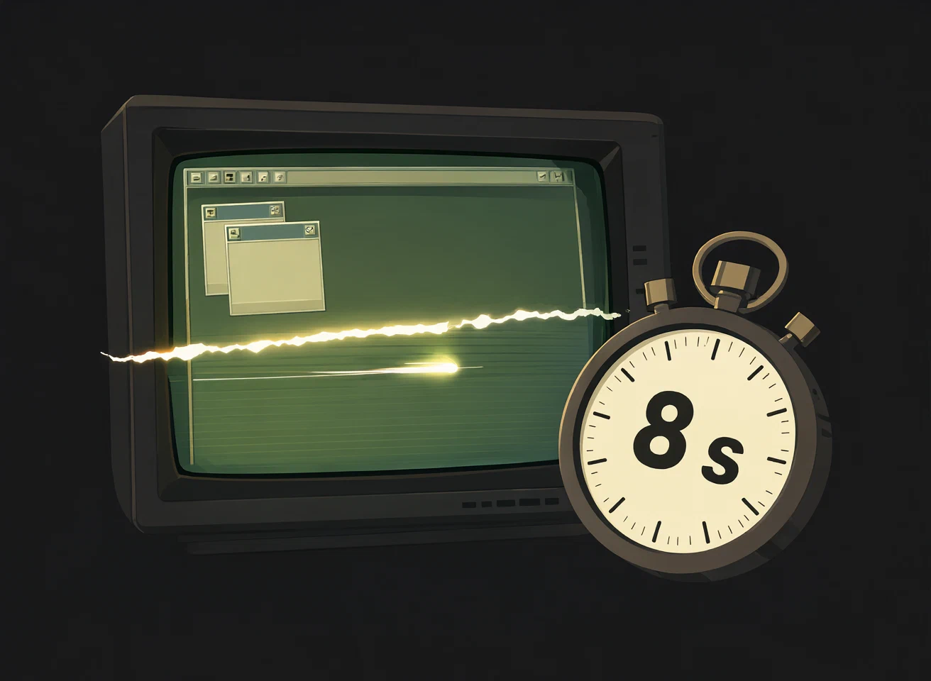 A CRT showing a retro desktop with a bright horizontal tear line while a glowing beam races beneath it; a stopwatch reads 8 s