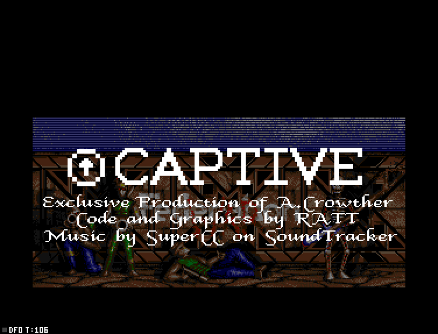 Pantalla de título de Captive: una mazmorra con el cautivo en el suelo, un guardián esqueleto y los créditos del juego