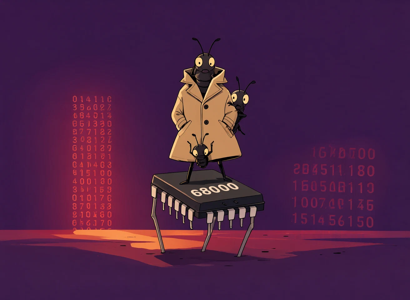 Three cartoon insects stacked inside a trench coat sneak past a chip labeled 68000, a red wall of hex digits behind them