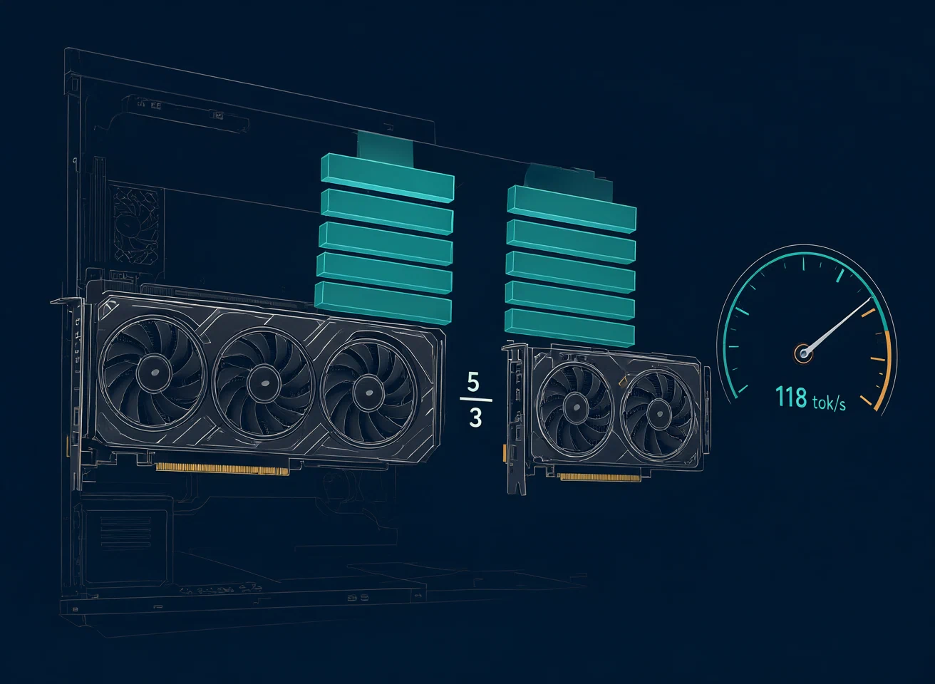 A big three-fan GPU and a small two-fan GPU share one case; a stack of glowing layers splits between them labeled 5/3, and a gauge reads 118 tok/s