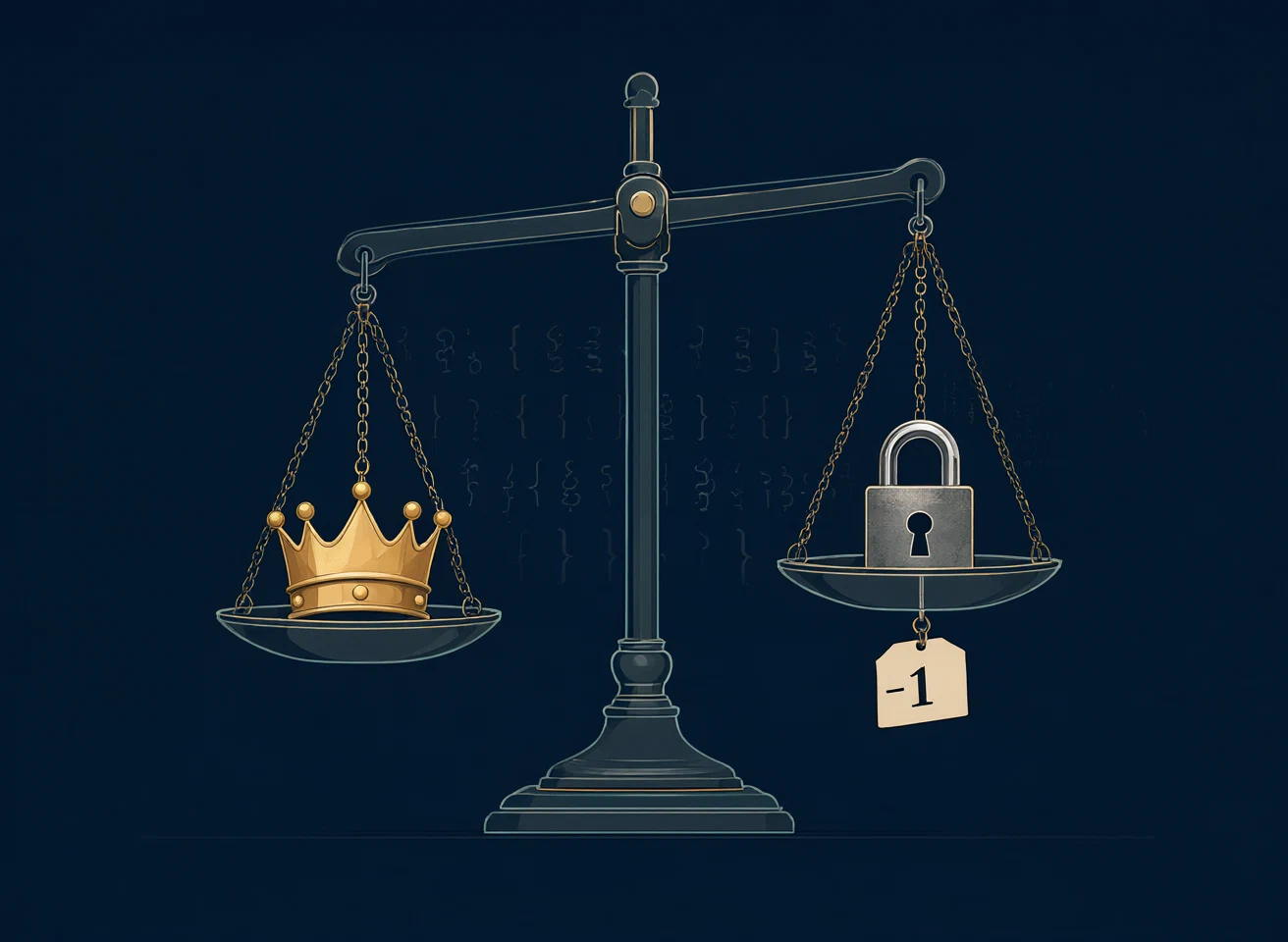 A brass balance scale holds a golden crown and an unlocked padlock, beam tilting barely toward the crown, a tag reading -1 hanging from the padlock