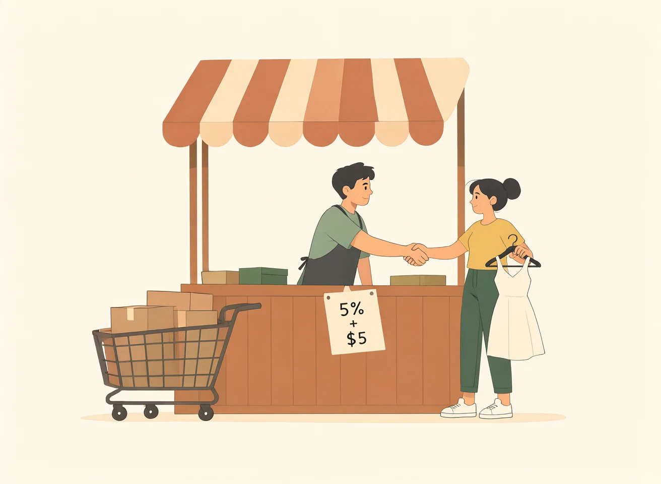 Un puesto de mercado con toldo a rayas y una etiqueta que dice 5% + $5; una vendedora con carreta y una persona con un solo vestido se dan la mano en igualdad